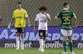Gustavo Henrique postado no gol e Biro caminhando durante embate contra o Palmeiras
