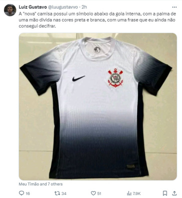 Postagem no X sobre a provvel nova camisa I do Corinthians